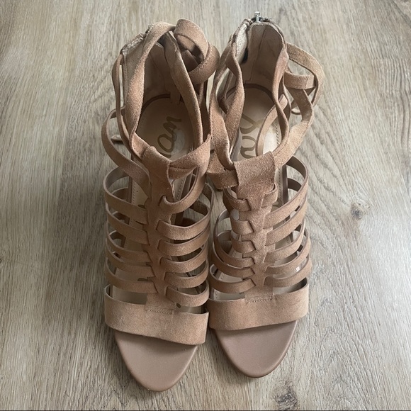 SAM EDELMAN | yarina caged strappy suede block heels, camel - Picture 4 of 9